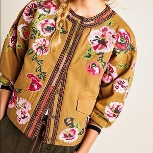 Anthropologie Needlepoint Floral Bomber Jacket Embroidered Sz M
